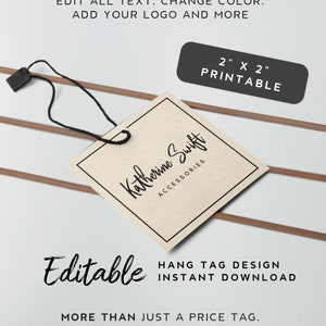K&ouml;nnte beinhalten: Editierbare, druckbare Anh&auml;nger-Designvorlage in der Gr&ouml;&szlig;e 5,1 cm x 5,1 cm mit dem Text "Katherine Swift Accessories". Die Vorlage ist anpassbar mit Ihrem eigenen Text, Logo und Farben.