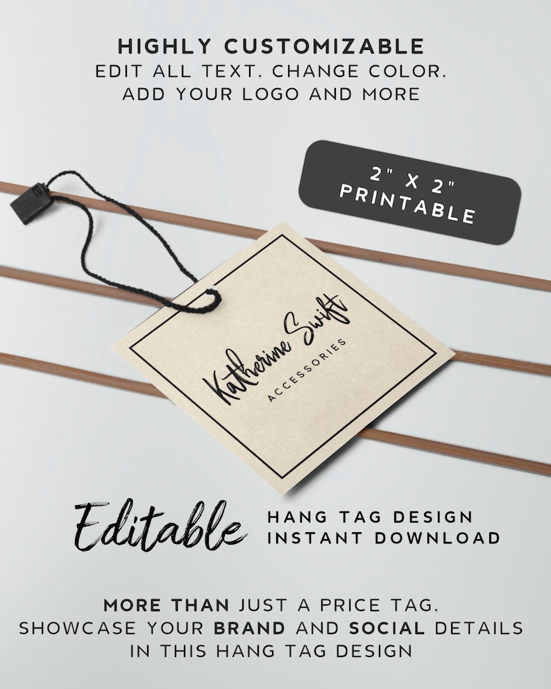 K&ouml;nnte beinhalten: Editierbare, druckbare Anh&auml;nger-Designvorlage in der Gr&ouml;&szlig;e 5,1 cm x 5,1 cm mit dem Text "Katherine Swift Accessories". Die Vorlage ist anpassbar mit Ihrem eigenen Text, Logo und Farben.