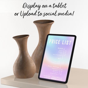May include: A tablet displaying a price list for hair salon services. The list includes prices for haircuts, styling, and color packages. The tablet is on a table with two brown ceramic vases.