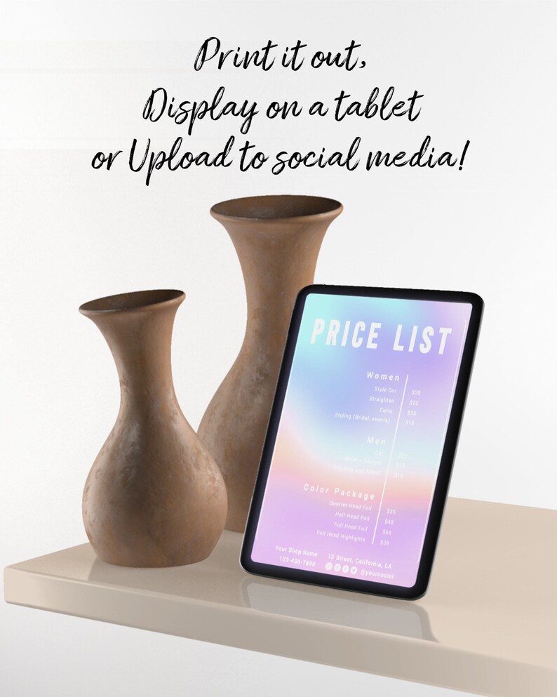 May include: A tablet displaying a price list for hair salon services. The list includes prices for haircuts, styling, and color packages. The tablet is on a table with two brown ceramic vases.