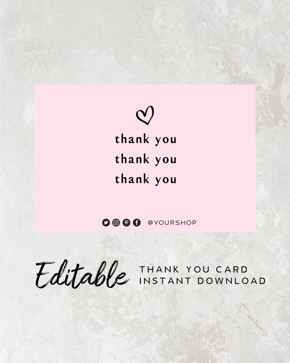Pink Thank You Card - Heart Thank You Postcard, Pink Postcard Thank You Printable, Edit Yourself Template, DIY Thank You Card Small Business