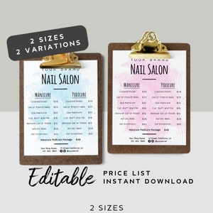 Szablon listy cen DIY Nails - Cennik paznokci, edytowalny szablon arkusza cenowego, menu cen salonu paznokci, drukowany projekt listy cen kosmetyków