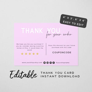 Roze bedankkaart sjabloon - bestel pakket invoegen met beoordelingsverzoek en VIP-couponcode, girly bedankbriefje, vrouwelijke branding