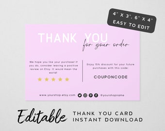 Pink Thank You Card Template - Order Package Insert with Review Request and VIP Coupon Code, Girly Thank You Note, Feminine Branding