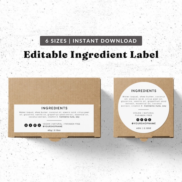 Minimalist Ingredient Label Template - Editable Packaging Sticker Design, Small Business Branding Printables