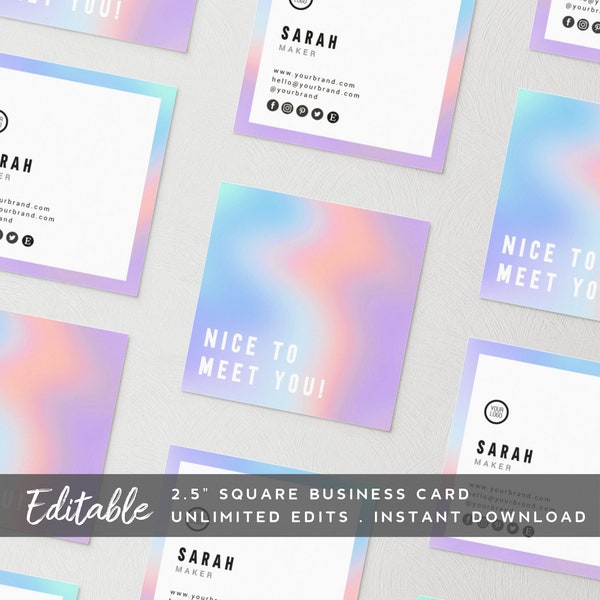 Square Business Card Design Rainbow - Plantilla de tarjeta de embalaje de tienda simple, tarjeta cuadrada editable, imprimibles para pequeñas empresas, holográficos
