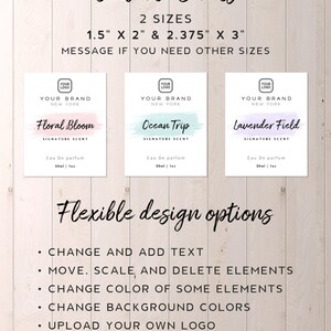 K&ouml;nnte beinhalten: Bearbeitbare Etikettenvorlagen f&uuml;r Parf&uuml;mflacons. Die Etiketten haben einen Aquarell-Hintergrund mit dem Text "Your Brand, New York" und einem Signature-Duftnamen. Die verf&uuml;gbaren D&uuml;fte sind Floral Bloom, Ocean Trip und Lavender Field. Die Etiketten sind in zwei Gr&ouml;&szlig;en erh&auml;ltlich: 1,5 Zoll mal 2 Zoll und 2,375 Zoll mal 3 Zoll. Der Text lautet auch "Flexible Designoptionen" und listet Funktionen wie das &Auml;ndern und Hinzuf&uuml;gen von Text, das Verschieben, Skalieren und L&ouml;schen von Elementen, das &Auml;ndern der Farbe einiger Elemente, das &Auml;ndern von Hintergrundfarben, das Hochladen Ihres eigenen Logos und das Exportieren als JPG oder PDF zum Drucken auf.