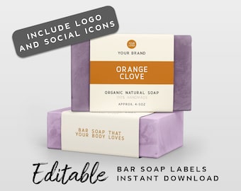 Etiqueta para envoltorio de jabón en barra: etiqueta editable, plantilla de etiqueta de producto elegante, etiqueta vertical para jabón, con logotipo, etiqueta con redes sociales