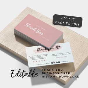 Pink Business Card Thank You Card Template - Business Thank You Card Pink, Thank You Card Small Business, Watercolor Thank You Card Business