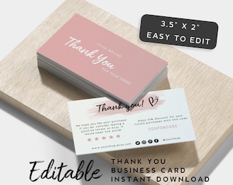 Pink Business Card Thank You Card Template - Business Thank You Card Pink, Thank You Card Small Business, Watercolor Thank You Card Business
