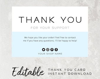 Business Thank You Insert Cards - Order Thank You Card, Light Blue Card Template, Packaging Insert Card, Small Business Thank You Printable