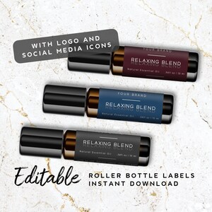 Dark Roller Bottle Label Template - Aangepaste product branding, etherische olie label afdrukbaar, zwart label voor flessen, bewerkbare flesetiketten