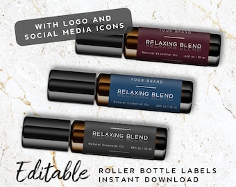 Dark Roller Bottle Label Template - Custom Product Branding, Essential Oil Label Printable, Black Label for Bottles, Editable Bottle Labels