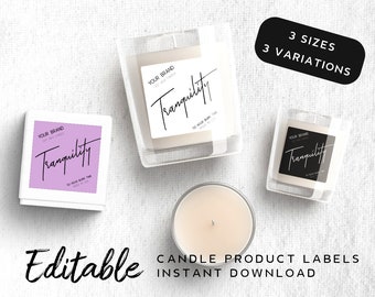 May include: Three candle labels with the text "Tranquility" and "Your Brand" in black text on a white background. The labels are in three different sizes. The text "3 Sizes 3 Variations" is in black text on a white background. The text "Editable Candle Product Labels Instant Download" is in black text on a white background.