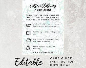 DIY Washing Instruction Care Card - Small Business Template, DIY Order Insert, Seller Printable, Cotton Care Instruction Card Template
