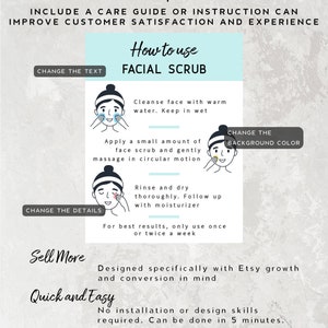 Puede incluir: Un gr&aacute;fico azul claro y blanco con instrucciones sobre c&oacute;mo usar un exfoliante facial. El gr&aacute;fico presenta ilustraciones de una persona aplic&aacute;ndose el exfoliante en la cara. El texto incluye "Cambiar el texto", "Cambiar los detalles" y "Cambiar el color de fondo".