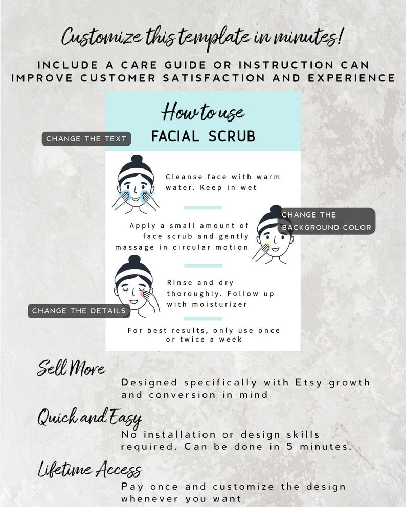 Puede incluir: Un gr&aacute;fico azul claro y blanco con instrucciones sobre c&oacute;mo usar un exfoliante facial. El gr&aacute;fico presenta ilustraciones de una persona aplic&aacute;ndose el exfoliante en la cara. El texto incluye "Cambiar el texto", "Cambiar los detalles" y "Cambiar el color de fondo".