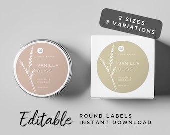 Round Minimalist Candle Label Template - Custom Product Label, Editable Labels Floral, Printable Candle Labels, Personalised Candle Label