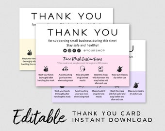 Face Mask Thank You Card With Instructions - Face Mask Care Guide Template, Thank You Notes Printable, Package Insert, Editable Insert Card