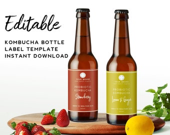 Plantilla de etiqueta editable de Kombucha: Diseño de etiqueta de botella de cerveza, Descarga digital, Etiqueta de producto de refresco para bebidas, Etiqueta de limonada para jugo