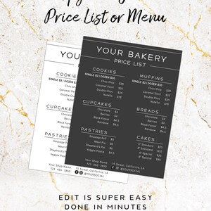 May include: A black and white printable template for a bakery price list. The template includes sections for cookies, cupcakes, muffins, breads, pastries, and cakes. The text "Your Bakery Price List" is at the top of the template.