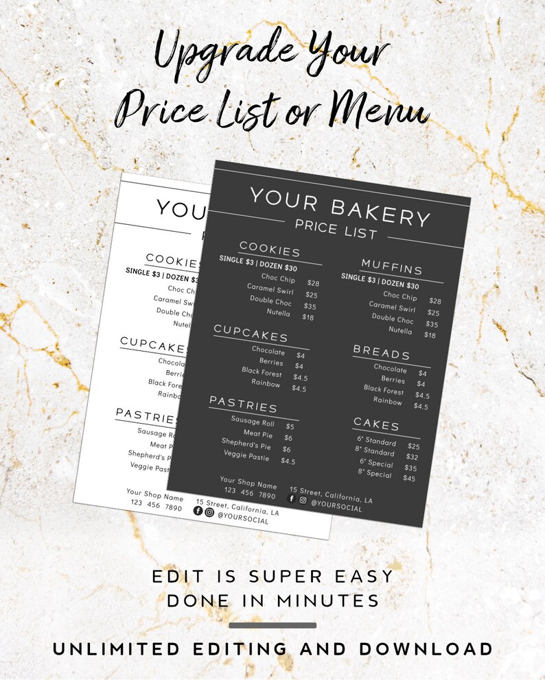 May include: A black and white printable template for a bakery price list. The template includes sections for cookies, cupcakes, muffins, breads, pastries, and cakes. The text "Your Bakery Price List" is at the top of the template.