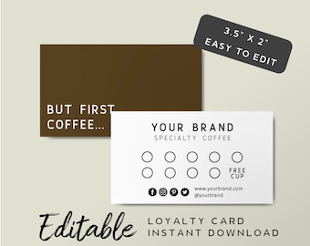 Coffee Loyalty Card Template - Coffee Rewards Card Printable, Cafe Stamp Card Editable, DIY Branding Card, Restaurant Loyalty Card Brown