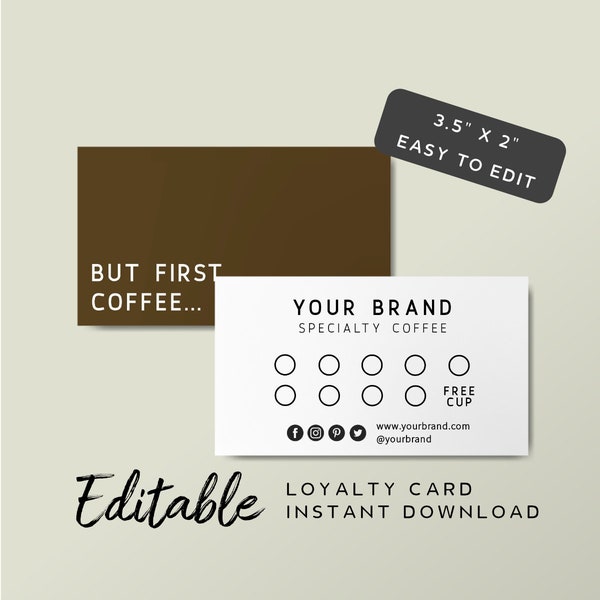 Coffee Loyalty Card Template - Coffee Rewards Card Printable, Cafe Stamp Card Editable, DIY Branding Card, Restaurant Loyalty Card Brown