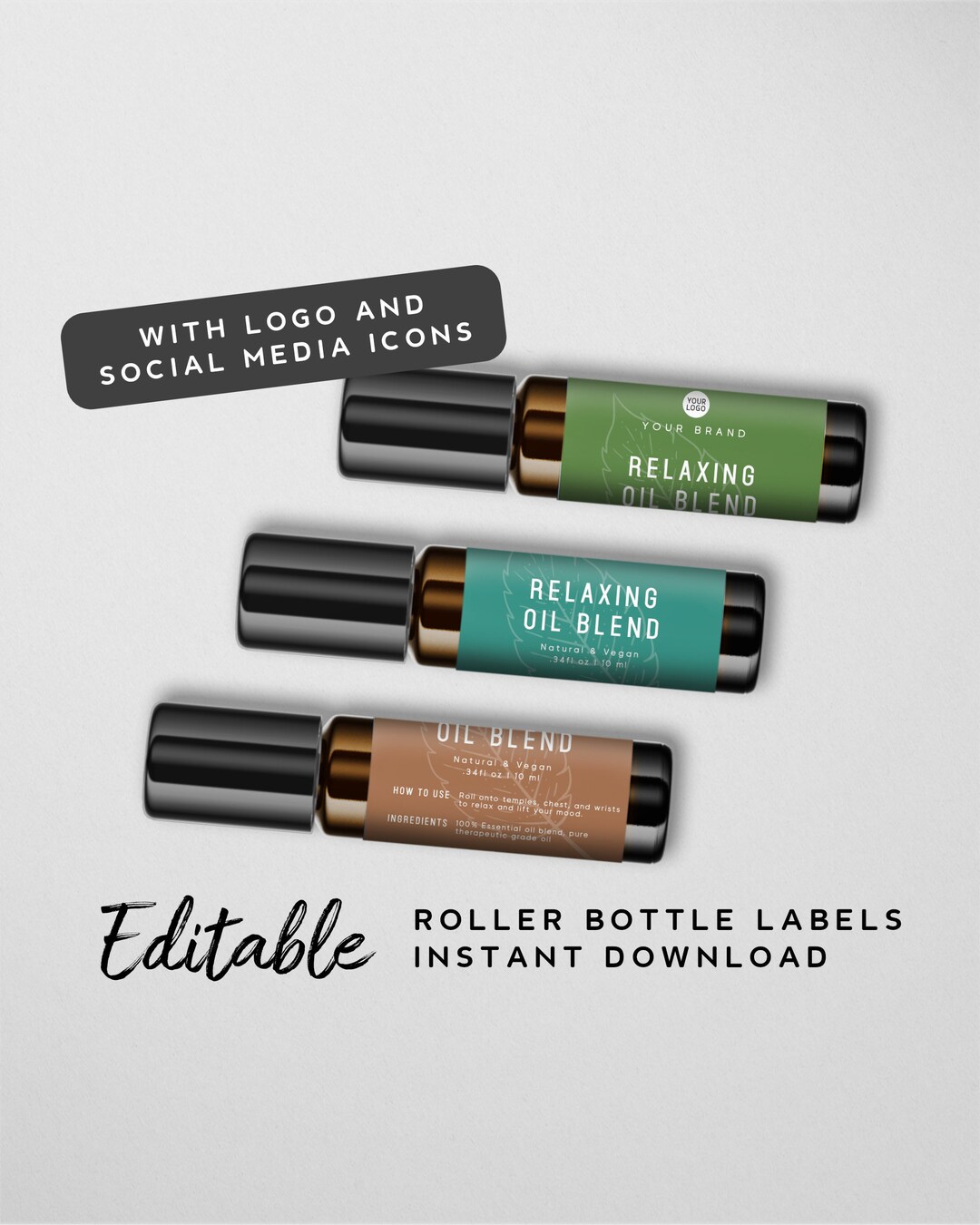 Essential Oil Roller Bottle Label Template Rustic Label Template, Leaf