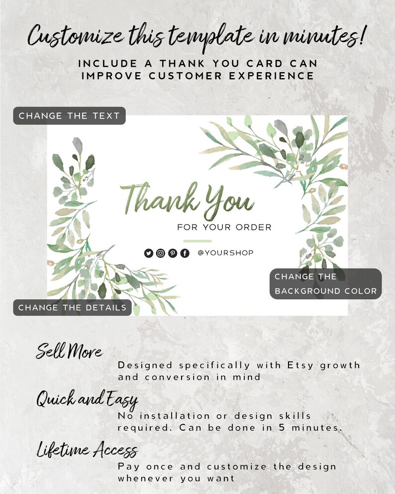 May include: A green watercolor thank you card template with a floral design. The text reads "Thank You for your order" and includes social media icons and the text "@YOURSHOP". The card also includes the text "Change the background color" and "Change the details". The text "Sell More, Quick and Easy, Lifetime Access" is also included with descriptions of each.