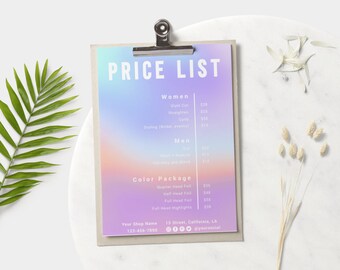 Printable Price List Template - Hair Salon Price List Design, Editable Menu Template, Cafe Menu Template Instant Download, Holographic