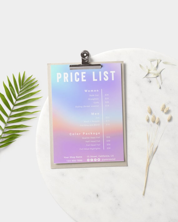 Printable Price List Template - Hair Salon Price List Design, Editable Menu Template, Cafe Menu Template Instant Download, Holographic