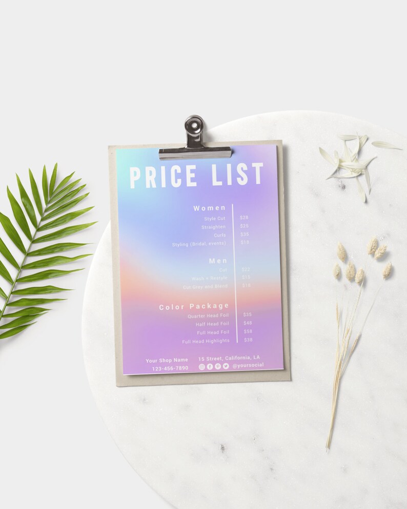 May include: A price list for a hair salon with services and prices listed for women and men. The services include style cuts, straightening, curls, styling, cuts, washes, and color packages. The salon's name, phone number, address, and social media handle are listed at the bottom.