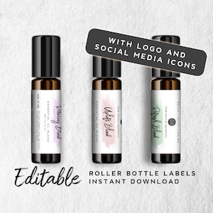May include: Three 10 ml roller bottles with labels for essential oil blends. The labels are white with a watercolor-style background and text that reads "Relaxing Blend", "Uplift Blend", and "Refresh Blend". The bottles are on a white textured background. The text "Editable Roller Bottle Labels Instant Download" is below the bottles.