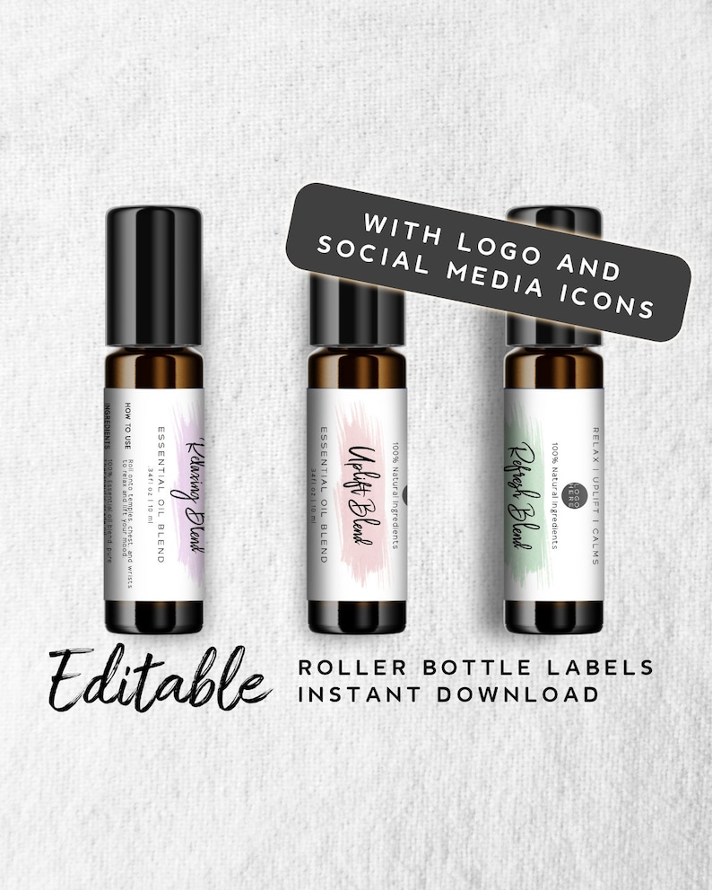 May include: Three 10 ml roller bottles with labels for essential oil blends. The labels are white with a watercolor-style background and text that reads "Relaxing Blend", "Uplift Blend", and "Refresh Blend". The bottles are on a white textured background. The text "Editable Roller Bottle Labels Instant Download" is below the bottles.
