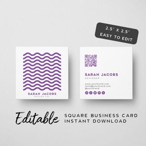 Paarse QR-code visitekaartje sjabloon - golven, afdrukbaar visitekaartje, minimalistische kaart afdrukbaar, bewerkbaar vierkant kaartontwerp, amethist