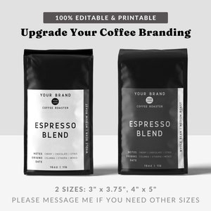 May include: Black and white mockup of a coffee bag with the text "Your Brand" and "Espresso Blend". The bag is labeled with notes, origins, and date. The text reads "Cherry | Chocolate | Citrus", "Columbia | Ethiopia | Mexico", and "16oz | 1lb". The bag is labeled "Whole Bean | Medium Roast".