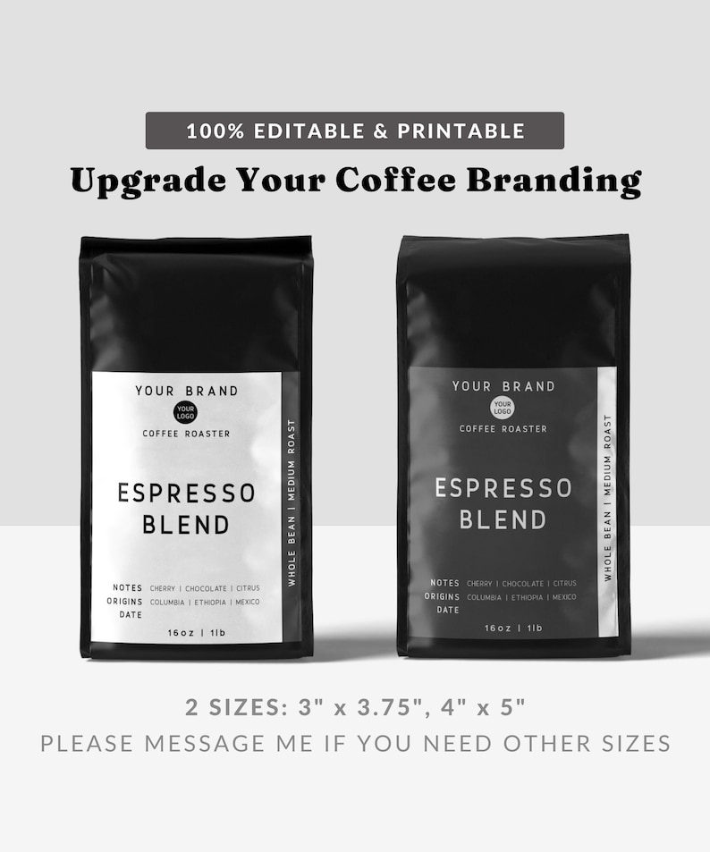 May include: Black and white mockup of a coffee bag with the text "Your Brand" and "Espresso Blend". The bag is labeled with notes, origins, and date. The text reads "Cherry | Chocolate | Citrus", "Columbia | Ethiopia | Mexico", and "16oz | 1lb". The bag is labeled "Whole Bean | Medium Roast".