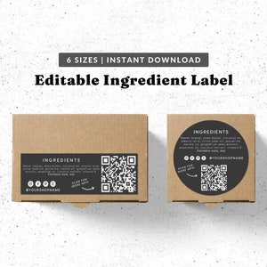 QR Code Black Ingredient Label Template - Bakery Label, Ingredient Sticker Label, Home Baked Goods Label, Printable Food Label Template