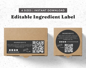 QR Code Black Ingredient Label Template - Bakery Label, Ingredient Sticker Label, Home Baked Goods Label, Printable Food Label Template