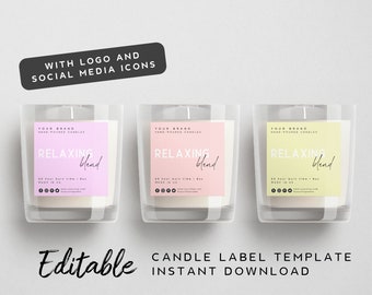 May include: Three clear glass candle jars with labels. The labels are pink, yellow, and white with black text. The text on the labels reads "YOUR BRAND HAND POURED CANDLES RELAXING blend". The labels also include social media icons. The text below the jars reads "Editable CANDLE LABEL TEMPLATE INSTANT DOWNLOAD".