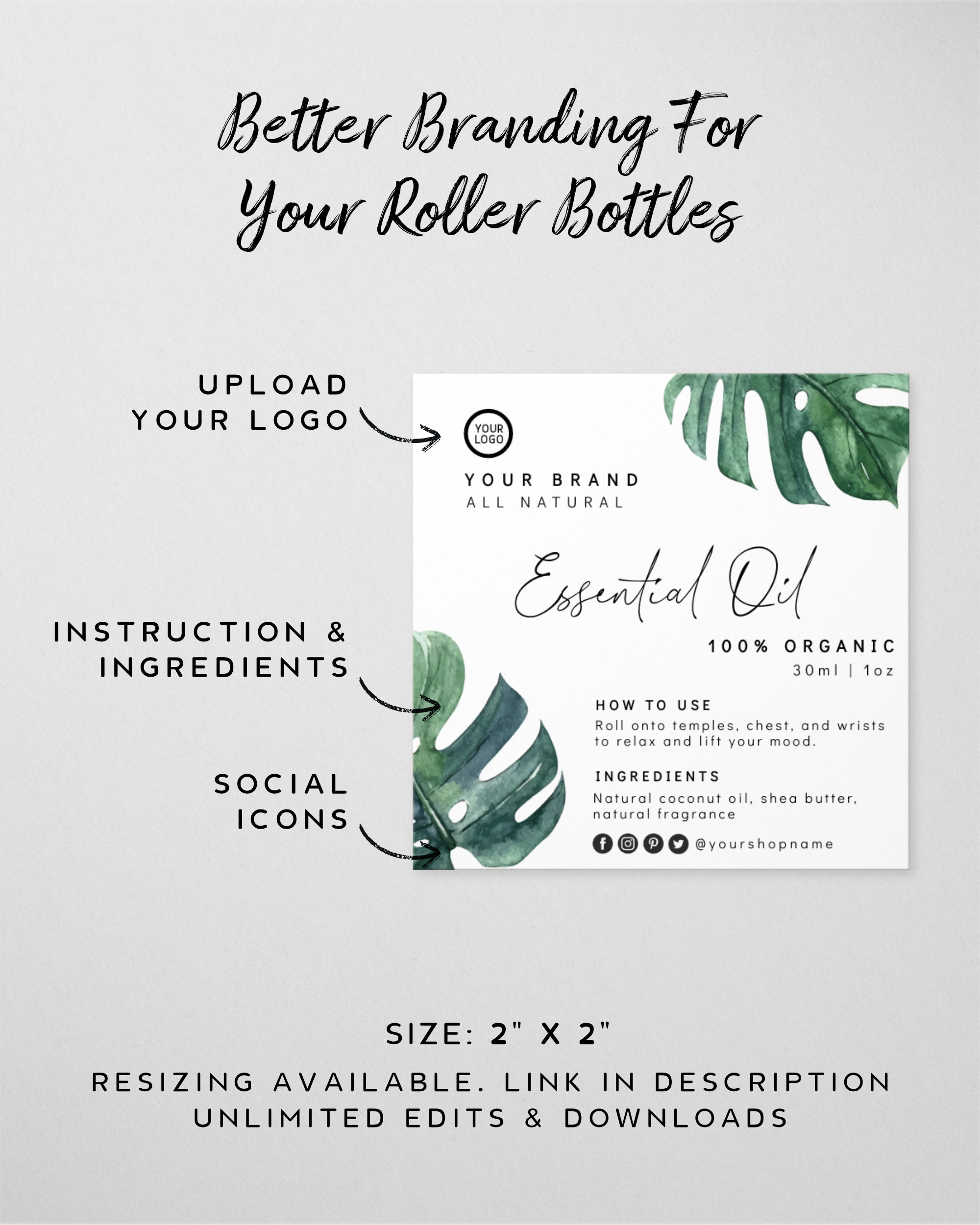 Monstera 10ml Roller Bottle Label Template - DIY Oil Blend Label Design ...