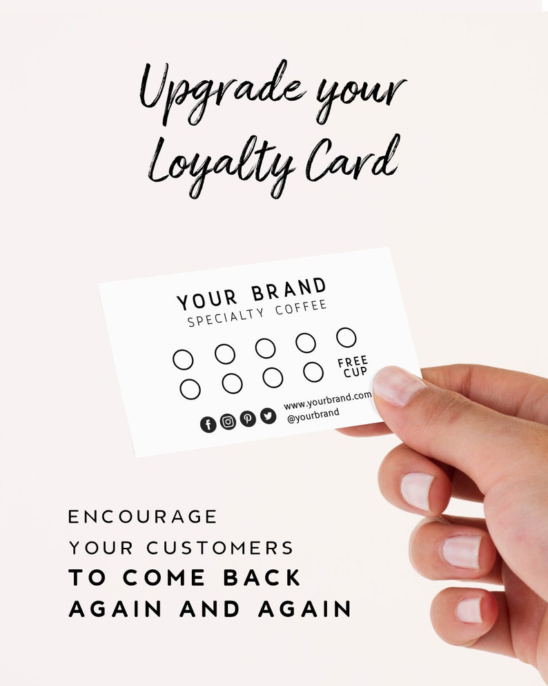 May include: A white loyalty card for a specialty coffee shop with the text "YOUR BRAND SPECIALTY COFFEE" and a row of 8 circles for customers to punch. The card also includes the text "FREE CUP" and social media icons.