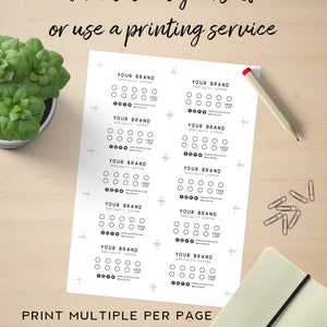 May include: A printable sheet with eight black and white coffee loyalty cards. Each card has a space for your brand name, website, and social media handle. The cards have a design of 10 circles with a "free cup" message. The text at the bottom of the sheet reads "Print multiple per page (same or diff design) A4/letter size".