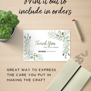 May include: A white thank you card with green watercolor leaves and the text "Thank You for your order" and "@YOURSHOP".