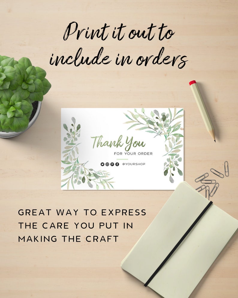 May include: A white thank you card with green watercolor leaves and the text "Thank You for your order" and "@YOURSHOP".