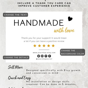 May include: A customisable thank you card template for Etsy sellers. The template features the text "HANDMADE with love" and includes a five-star rating, social media icons, and the text "CHANGE THE TEXT" and "CHANGE THE DETAILS".