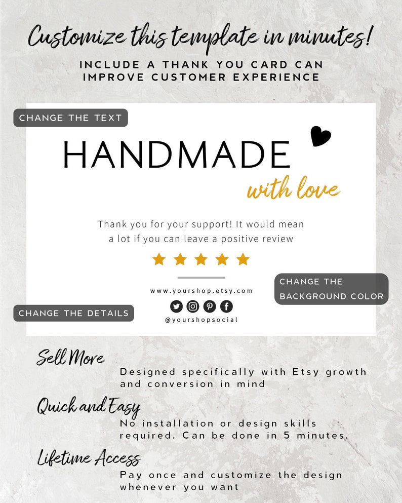 May include: A customisable thank you card template for Etsy sellers. The template features the text "HANDMADE with love" and includes a five-star rating, social media icons, and the text "CHANGE THE TEXT" and "CHANGE THE DETAILS".