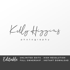 Könnte beinhalten: Editierbare Logo-Vorlage für Fotografen mit dem Text "Kelly Higgins photography" in einer handschriftlichen Schriftart.