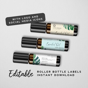May include: Three editable roller bottle labels featuring a tropical leaf design. The labels are white with black text and include the words "Essential Oil" and "100% Organic".